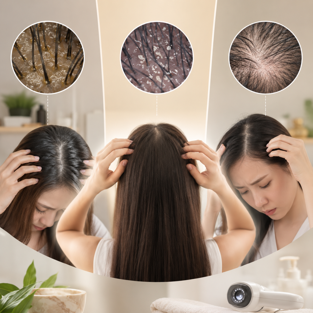 Scalp analysis showing oily scalp, dandruff and hair fall conditions under magnification