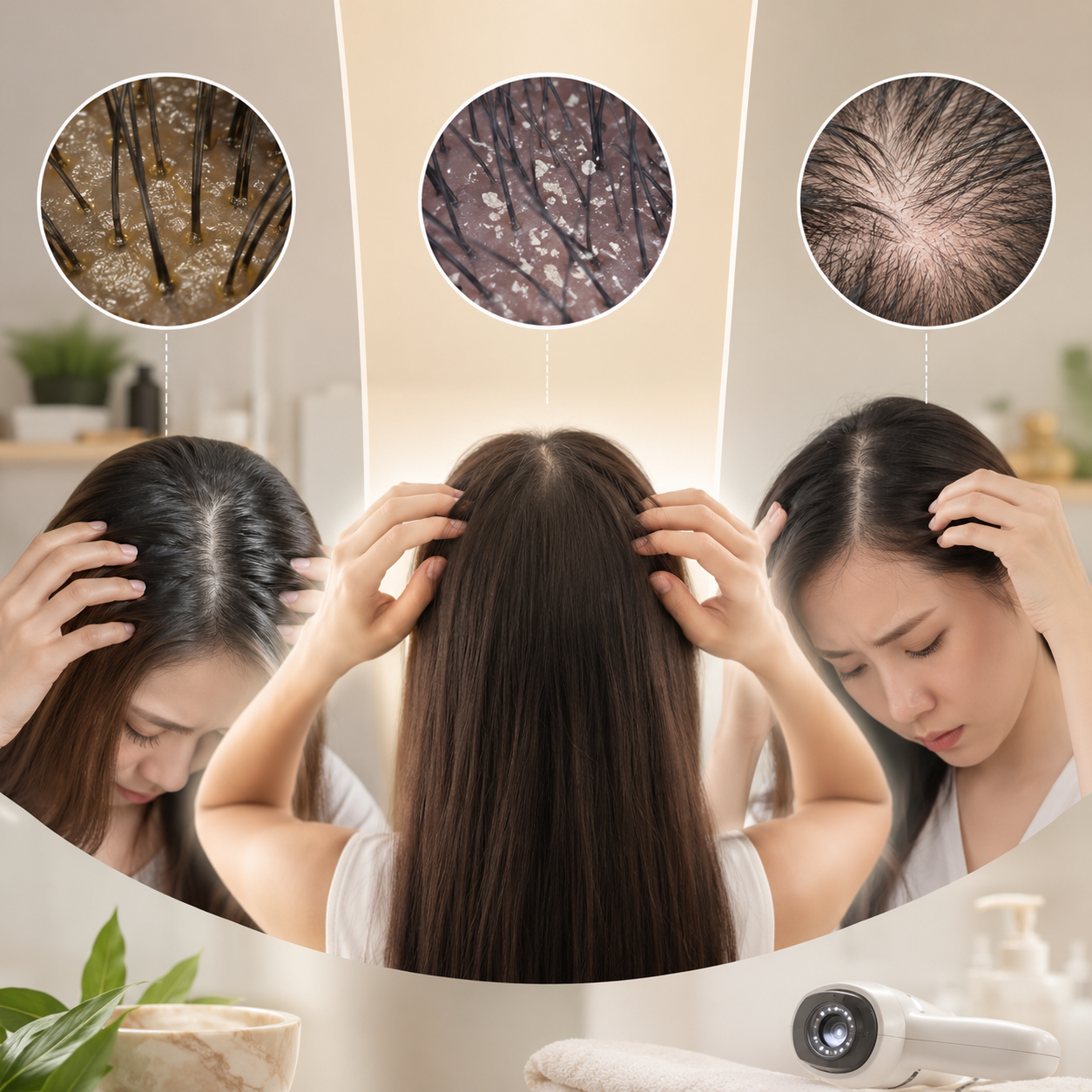 Scalp analysis showing oily scalp, dandruff and hair fall conditions under magnification